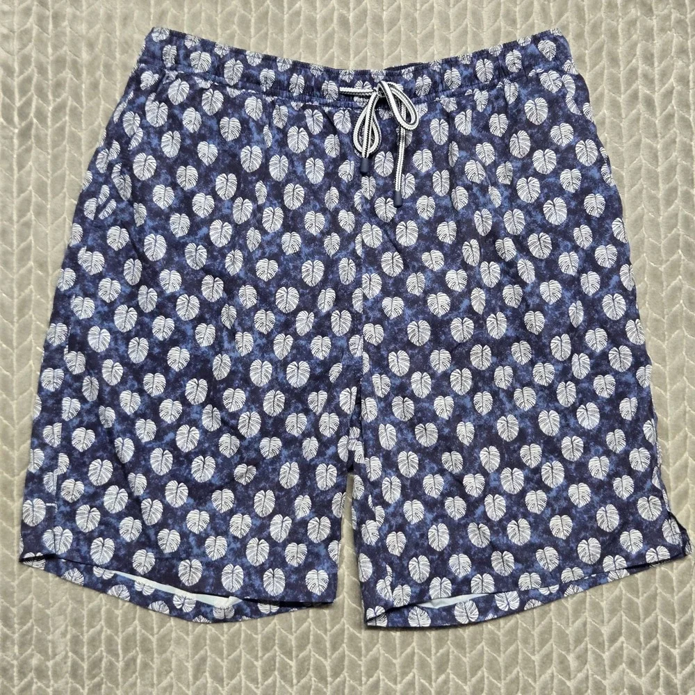 Peter Millar Seaside Mens Blue Monstera Leaf Print Swim Trunks Size Large